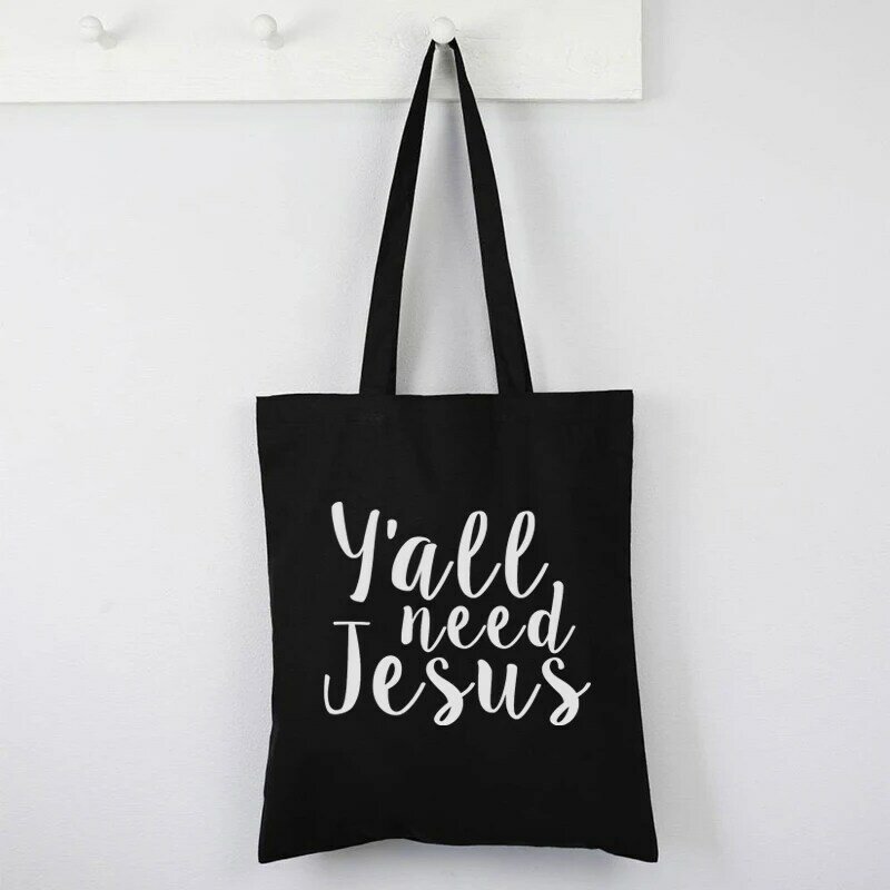 Y'all تحتاج يسوع حقيبة تسوق حقيبة تسوق المسيحية الدينية حقيبة حمل أنيقة يسوع طباعة قابلة لإعادة الاستخدام حقيبة تسوق
