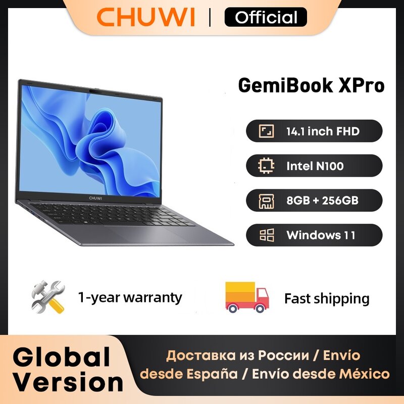 CHUWI GemiBook XPro شاشة 14.1 بوصة UHD إنتل N100 حاسوب محمول 8 جيجابايت RAM 256 جيجابايت SSD معالج رباعي النواة ويندوز 11 WIFI AX101 حاسوب محمول