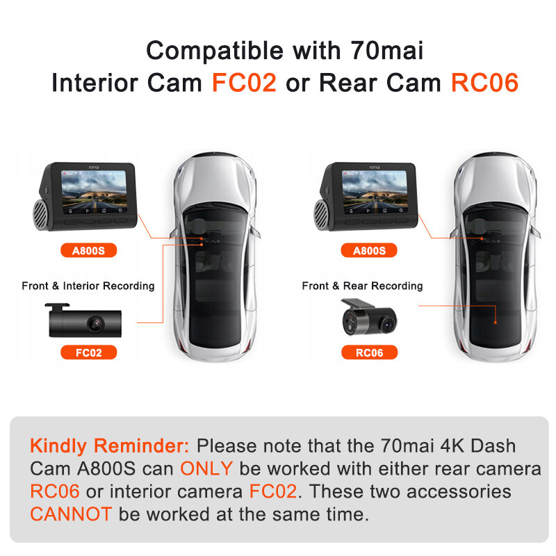 كاميرا سيارة اداش 70mai أمامية وخلفية ، جودة سينما 4K UHD ، نظام تحديد المواقع المدمج ، دعم A800S ، دعم وقوف السيارات 24 ساعة ، A800S