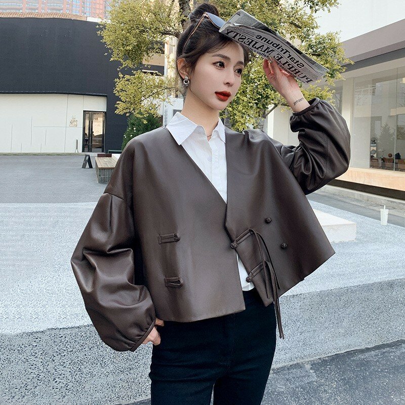 معطف جلد الغنم الصينية مع مشبك لوحة ، قمة قصيرة الإناث براقة ، والأزياء الترفيهية ، الربيع والخريف ، جديد