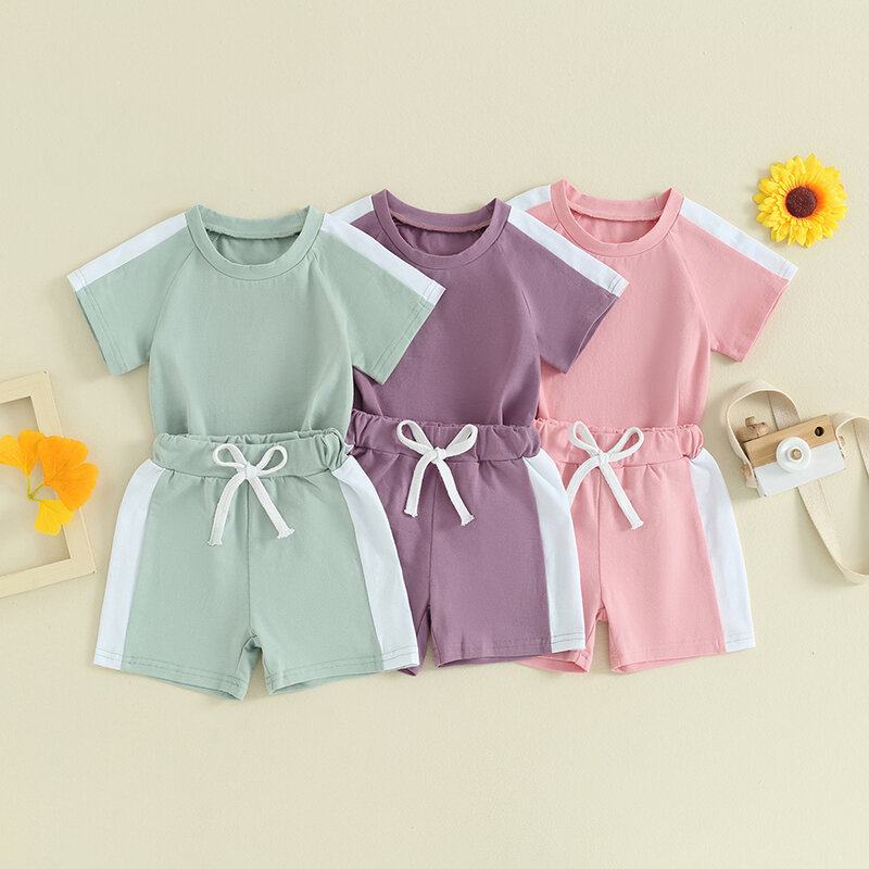 VISgogo-طقم ملابس للفتيات بألوان متباينة ، تي شيرت بأكمام قصيرة ، شورت بخصر مرن ، ملابس غير رسمية للأطفال الصغار ، 2 * *