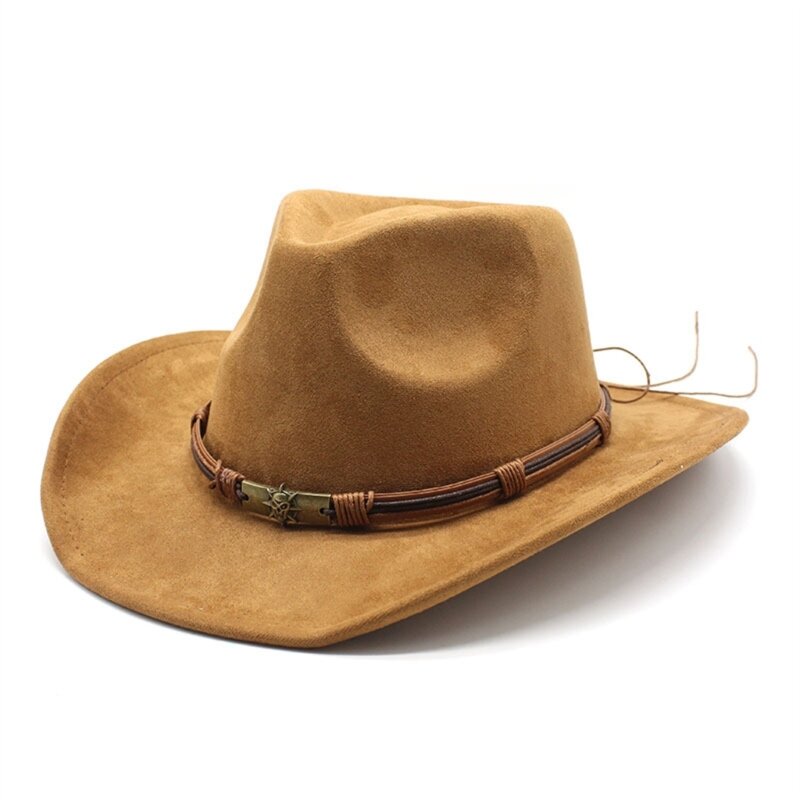 قبعة رعاة البقر الغربية ذات حافة منحنية كبيرة مضادة للشمس مع حبل قبعة على الطراز العرقي