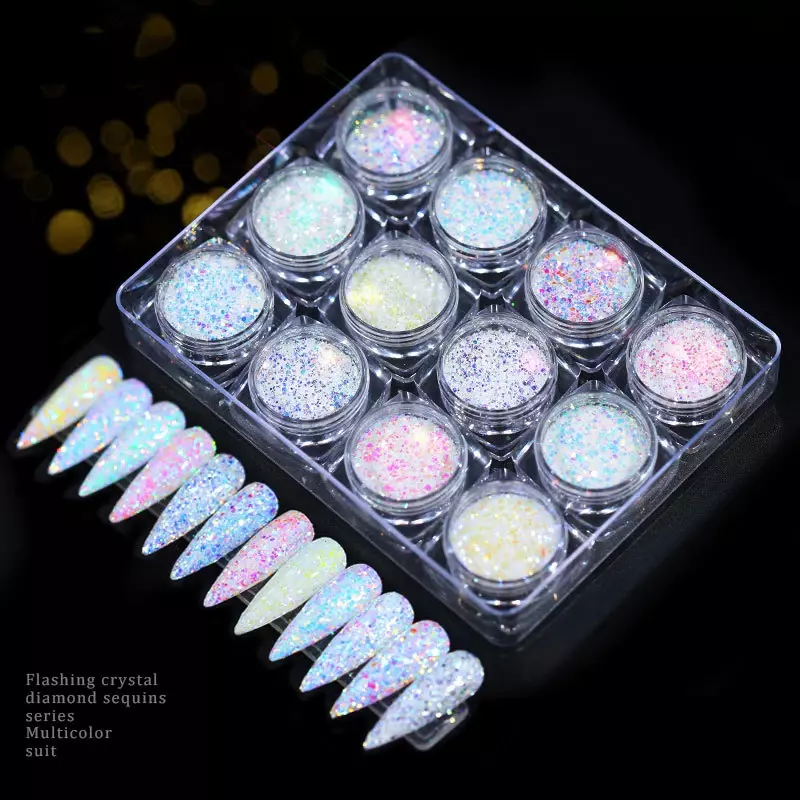 12pcs Nails Glitter Powder Flakes Set Iridescent Sequins Sparkly Paillette Nails Accesories Nail Art Decorations Manicure Tools