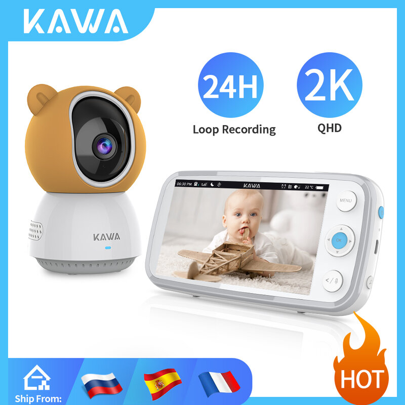 كاوا 2K مراقبة الطفل مع كاميرات الصوت فيديو مربية كاميرا لا سلكية مع بطارية 4000mAh شاشة 5 بوصة TF بطاقة للرؤية الليلية 360 °