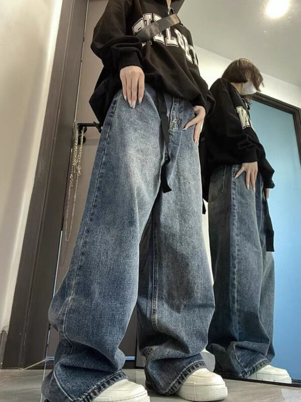 QWEEK-جينز فضفاض عالي الخصر للنساء ، بنطال واسع الساق ، مستقيم وكاجوال ، بنطلون جينز كبير الحجم ، ملابس شارع كورية ، هاراجاكي عتيق ، Y2k