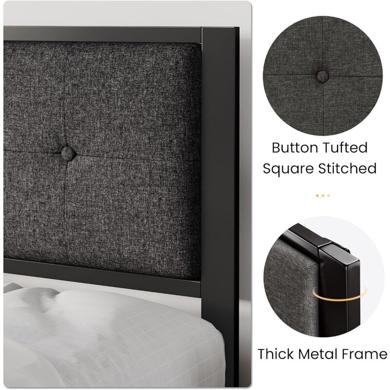 إطار سرير بلوح رأس منجد ، إطار سرير مع شرائح معدنية ، لوح رأس مخيط مربع معوج ، منصة مزدوجة الحجم
