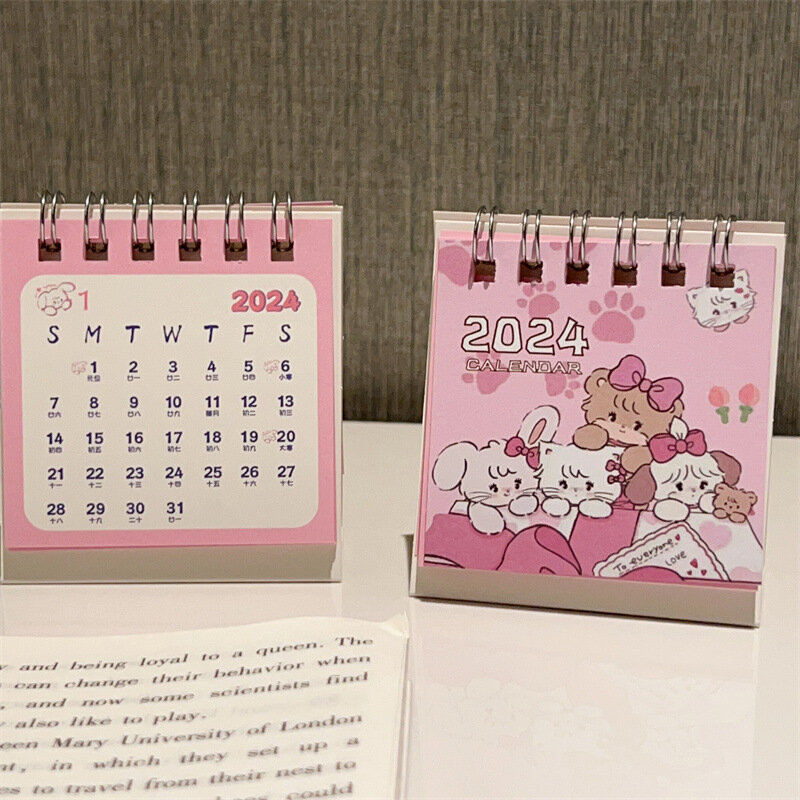 الكرتون الوردي القط التقويم ، رائعة و الحد الأدنى مكتب ، منعش ملاحظات سطح المكتب المصغرة ، لفائف التقويم كتاب ، اللوازم المدرسية المكتبية ، 2024