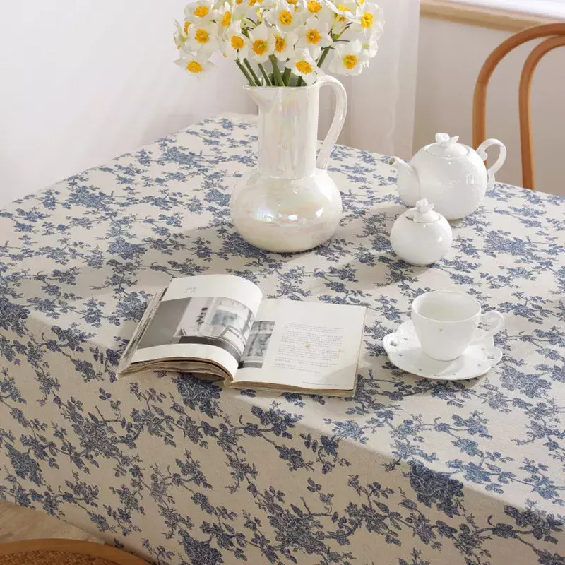 مفارش مائدة بنقشة زهور عتيقة ، قماش طاولة زهور أزرق مستطيلي ، أغطية طاولة قابلة للغسل للمطبخ ، غرفة المعيشة ، ديكورات مقاومة للأتربة