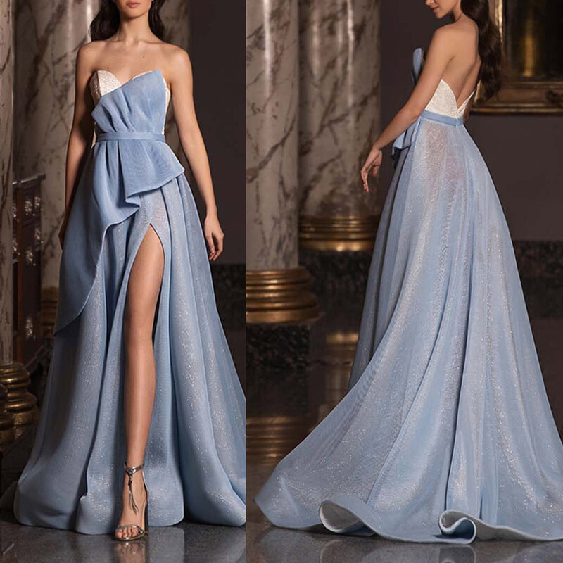 فستان سهرة نسائي فاخر طويل أزرق طويل مناسب لوصيفة العروس للزفاف والولائم ملفوفة على الصدر مكشوف الكتف