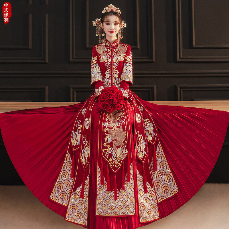 الكلاسيكية الصينية نمط فستان الزفاف شيونغسام عالية الجودة التطريز الزواج دعوى الشرقية العروس الملابس خمر تشيباو