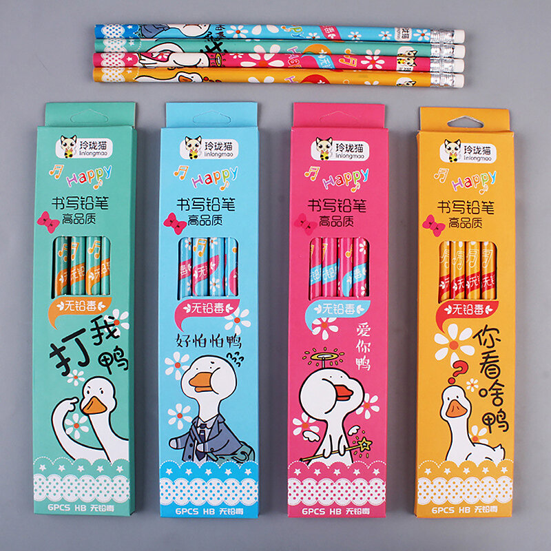 لطيف الكرتون HB أقلام رصاص مع نمط بطة للأطفال ، لوازم القرطاسية الكورية ، قلم Kawaii ، الهدايا ، 6 قطعة لكل صندوق