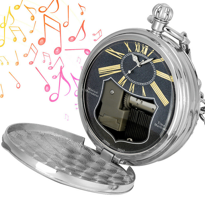 ساعة موسيقية إبداعية تعمل بموسيقى ساعات جيب كوارتز يدوية للرجال والنساء تصميم رواد الفضاء سلسلة فوب يمكن جمعها هدية