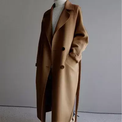 المرأة البيج الصوف معطف طويل ، التلبيب معطف ، عادية ، أنيقة ، Vintage ، الكورية الموضة ، فضفاضة ، المتضخم ، الخريف ، الشتاء