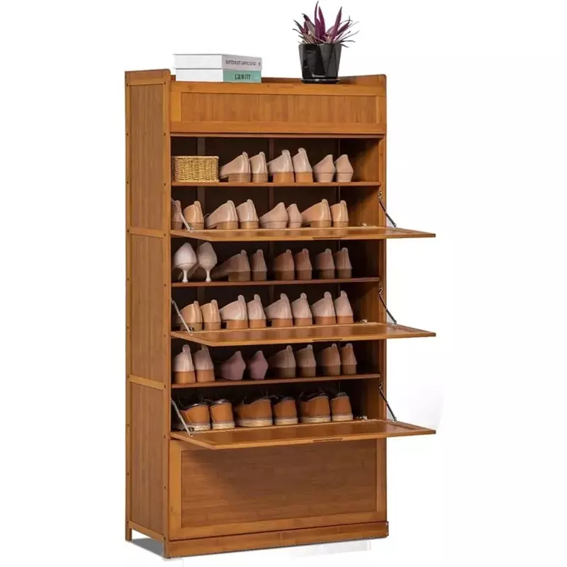 خزانة أحذية حديثة من الخيزران مع أبواب قابلة للسحب ، صندوق تخزين من 9 طبقات ، أحذية بكعب ، قائمة بذاتها ، بني ، 36 زوجًا