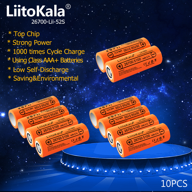 10 قطعة LiitoKala Lii-52S 26700 5000mAh قدرة عالية 3.7 فولت بطارية ليثيوم لمصباح يدوي قوة البنك ليثيوم أيون بطارية قابلة للشحن
