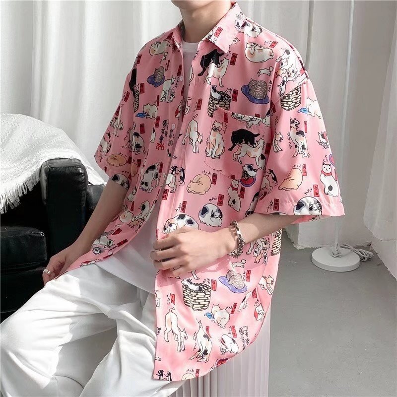 Harajuku قميص رجالي صيفي فضفاض مطبوع عليه حيوانات كرتونية قميص بأكمام قصيرة نمط الهيب هوب BF قمصان ألوها متعددة الاستخدامات