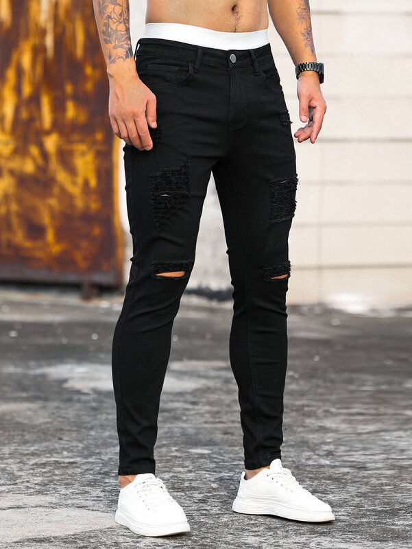 بنطلون جينز رجالي أسود ممزق ضيق موضة ملابس الشارع الشهير بنطلون جينز هيب هوب ضيق غير رسمي للرجال للركض من الجينز Homme