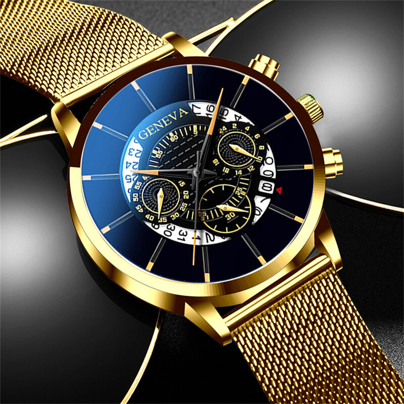 ساعات رجال أعمال جديدة موضة 2023 للرجال ساعة ذهبية من الفولاذ المقاوم للصدأ مع حزام شبكي ساعة معصم كوارتز غير رسمية reloj hombre