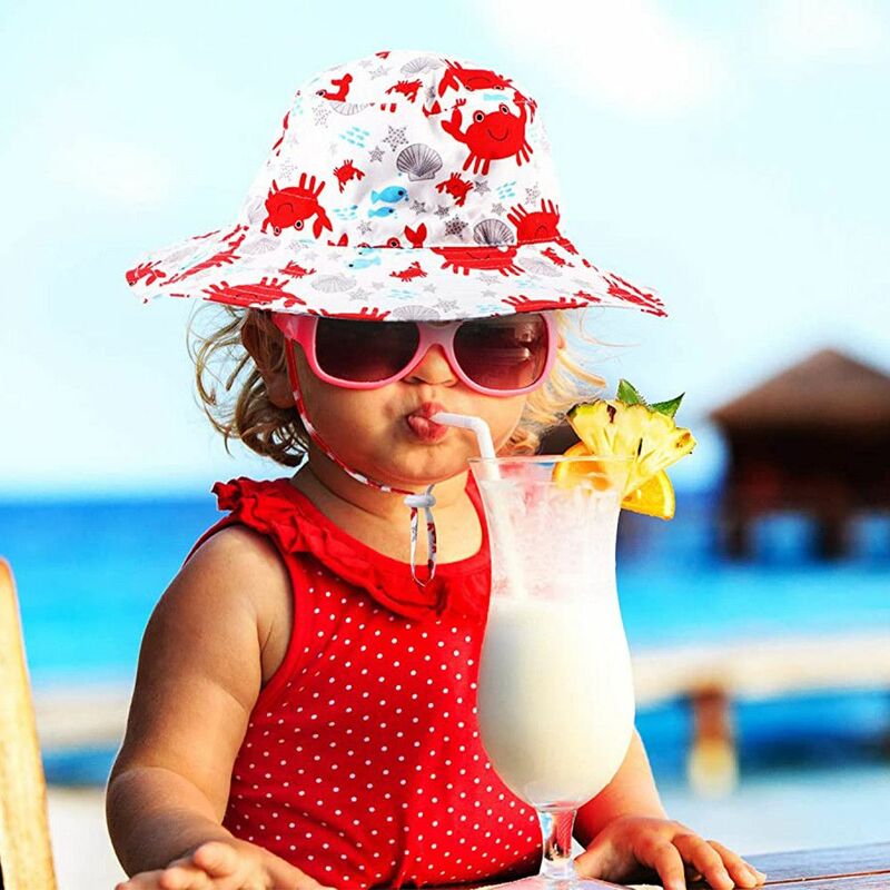 الأشعة فوق البنفسجية حماية الرقبة غطاء Ear لمدة 0-8 سنوات حافة واسعة مع حزام الذقن قابل للتعديل قبعة الشاطئ الطفل الشمس قبعة دلو قبعة
