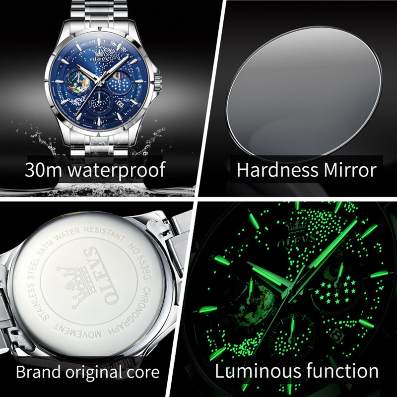 ساعة يد OLEVS-ساعة كوارتز للرجال على شكل قمر ، فولاذ مقاوم للصدأ ، مقاوم للماء ، مضيء ، كرونوغراف فاخر ، ساعات عصرية