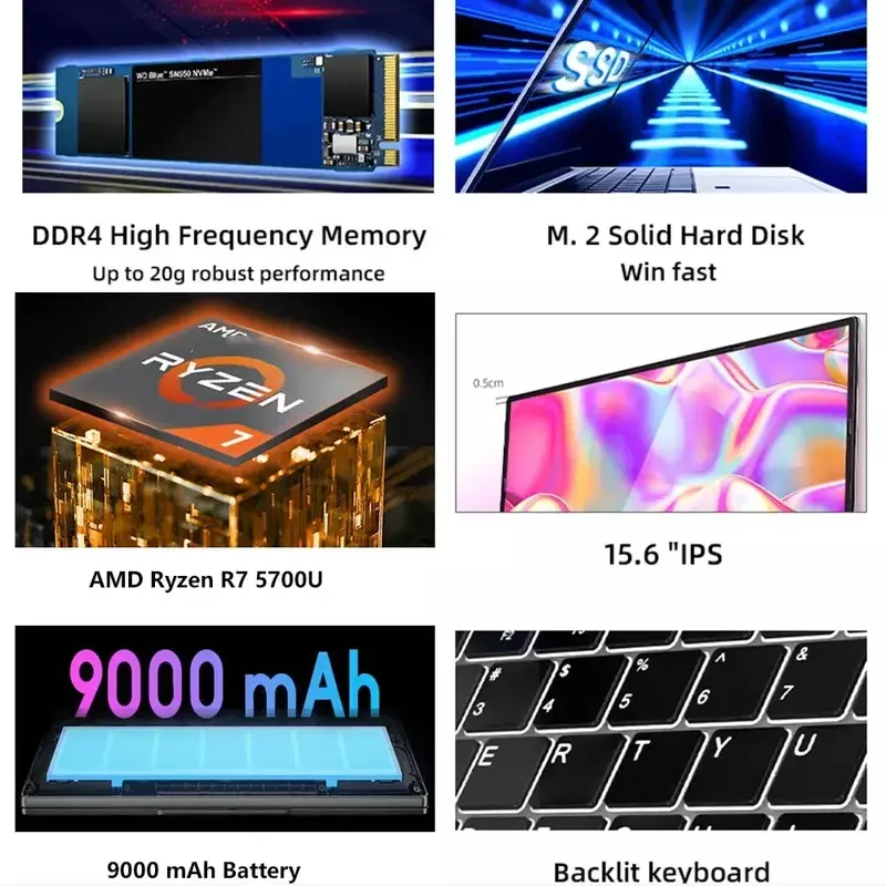 حواسيب محمولة من AMD للألعاب والأعمال ، حاسوب محمول للمكتب ، Win11 ، 15.6 بوصة ، IPS ، Ryzen 7 5700U ، 8 النوى ، 32 جيجابايت ، DDR4 ، 2 تيرا بايت ، PCIE ، 9000mAh ، 2024