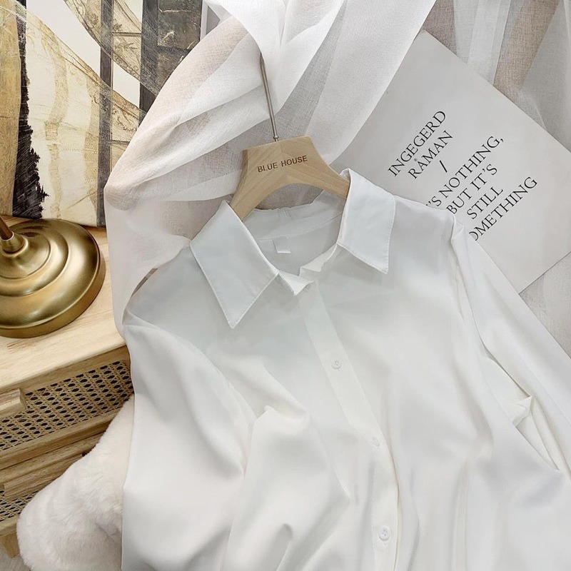 بلوزة شيفون XEJ قميص نسائي أبيض بأكمام طويلة لربيع 2022 قميص كوري أنيق بلون سادة قميص فضفاض للنساء بمقاسات كبيرة