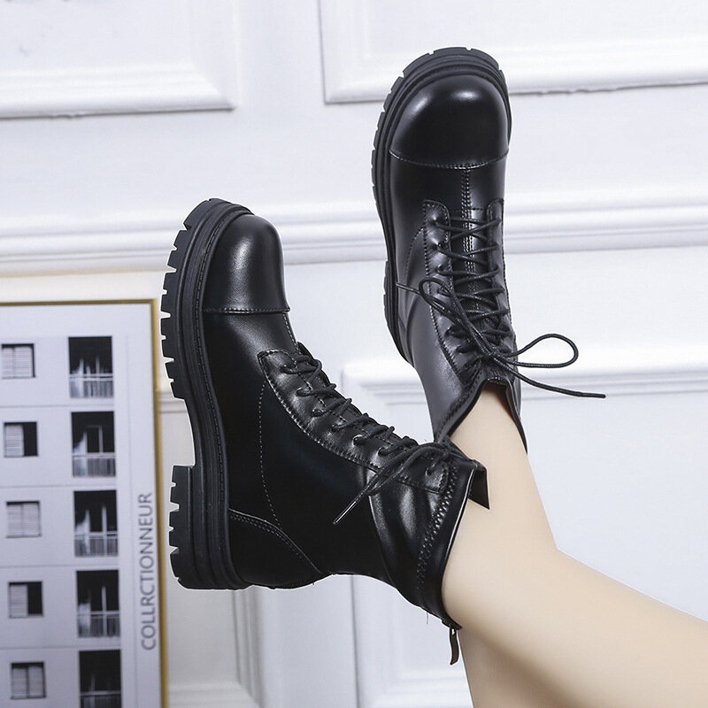 بولي Leather جلد المرأة حذاء من الجلد الدانتيل يصل أحذية الشتاء أحذية نسائية أحذية بوت قصيرة أحذية منصة بوتاس موهير أسود 2022 جديد