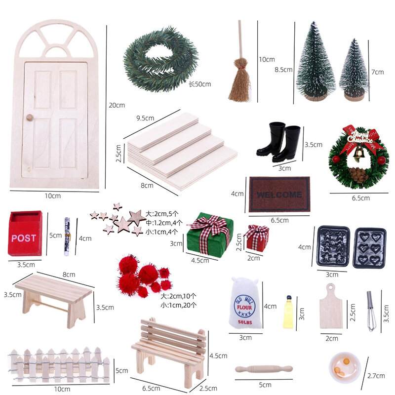 دمية نموذج مشهد مصغر ، ديكور عيد الميلاد ، إكليل كرمة زهرة ، علب هدايا شجرة صغيرة ، سياج صندوق البريد ، ألعاب خرافية ، باب قزم
