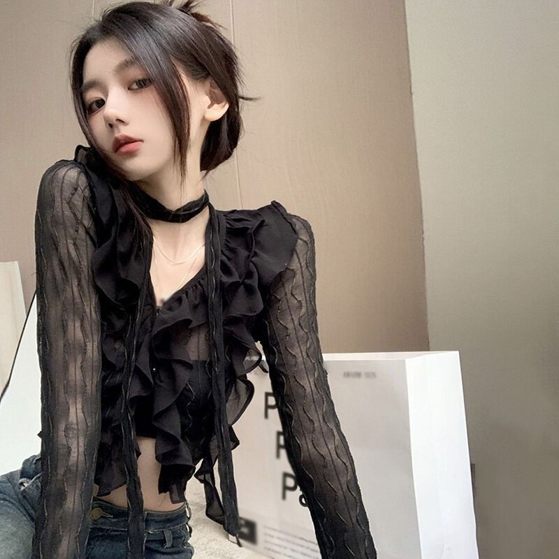 بلوزات حريمي Y2k بلوزة قصيرة مثيرة قوطية GrungeFemale قمصان أنيقة سوداء شفافة سترة ملابس الشارع الكورية