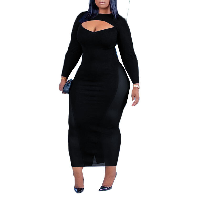 حجم كبير ملابس النساء جديد كبير المرأة الخريف الأسود منتصف طول خطوة واحدة فستان طويل الأكمام قالب الركاب اللون شبكة فستان
