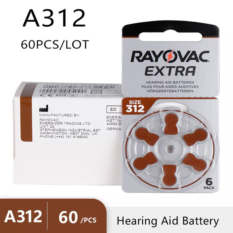 RAYOVAC بطاريات مساعدة إضافية على السمع ، بطارية هوائية من الزنك ، أداة مساعدة على السمع ، شحن مجاني ، 1.45 فولت ، 312 ، 312A ، A312 ، PR41 ، 60 قطعة ، 10 بطاقات