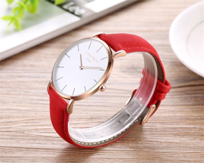 ساعة يد نسائية تصميم بسيط حزام كرونوس جلدي جانبي صغير باللون الأحمر والوردي ساعة يد كوارتز للسيدات CH02