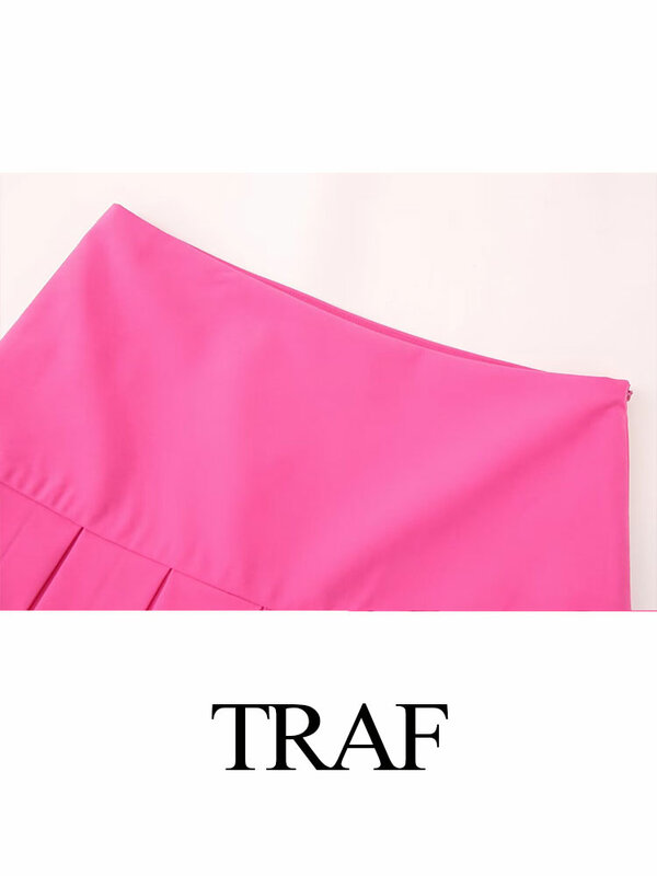 TRAF-سراويل صيفية غير رسمية للنساء ، ثنيات عريضة ، أحادية اللون ، متوسطة الارتفاع ، على شكل حرف A ، نحيفة ، صغيرة ، تنورة أنيقة ، بنطلون قصير