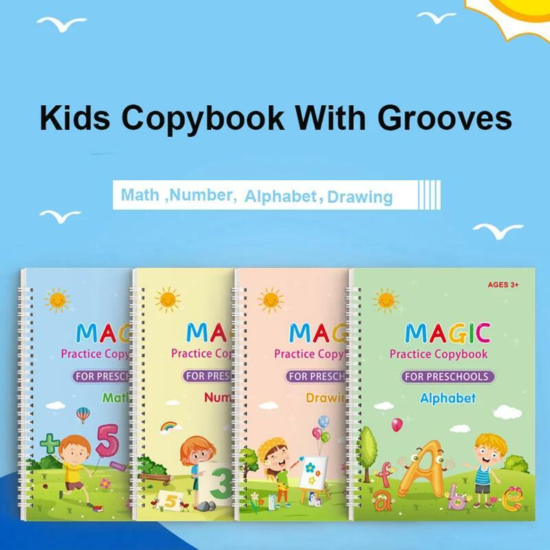 4 كتب قابلة لإعادة الاستخدام الخط كتاب تعلم الأبجدية اللوحة الحساب الرياضيات طفل الكتابة اليدوية ممارسة كتاب لعبة طفل