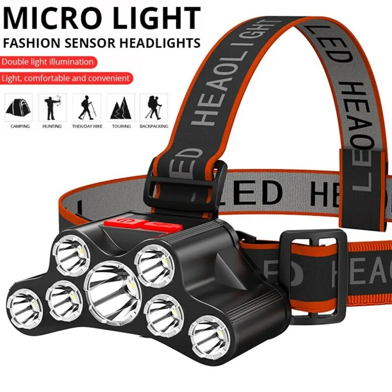 كشافات LED محمولة مع مستشعر الحركة ، 7 LED ، ضوء قوي ، USB ، قابلة للشحن ، المصباح الأمامي للصيد ، التخييم ، في الهواء الطلق ، مصباح يدوي العمل