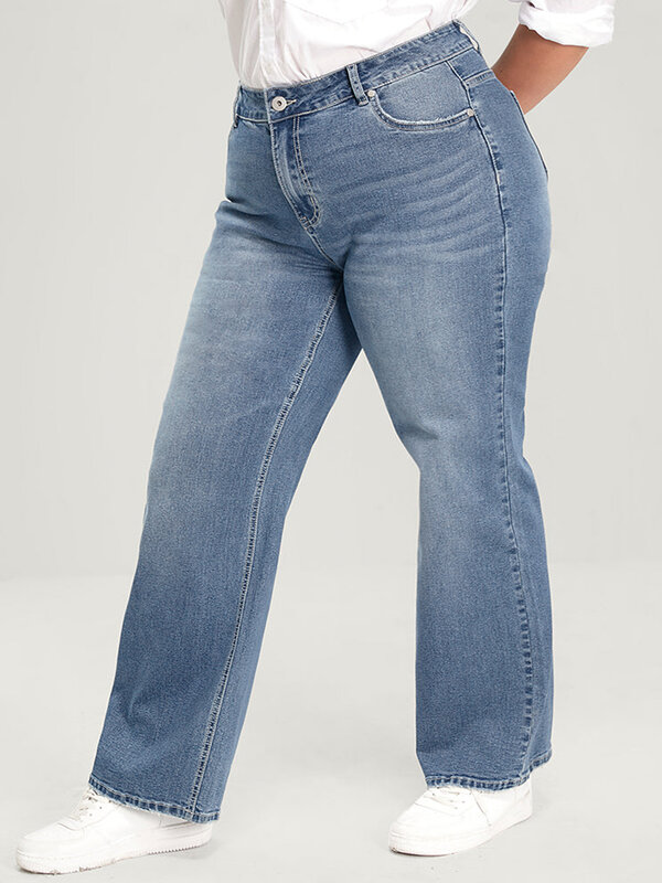 جينز نسائي بأرجل واسعة مقاس كبير للنساء بخصر عالٍ جينز نسائي مستقيم مطاطي بطول كامل 100 كجم/الساعة 175 سم بنطلون جينز طويل