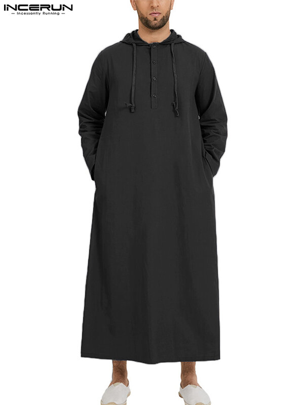 قمصان رداء بأكمام طويلة من INCERUN الإسلامية Jubba Thobe Hombre رداء بقفطان عربي سعودي طويل جوبا ثوب هومبر ملابس عباية رجالية