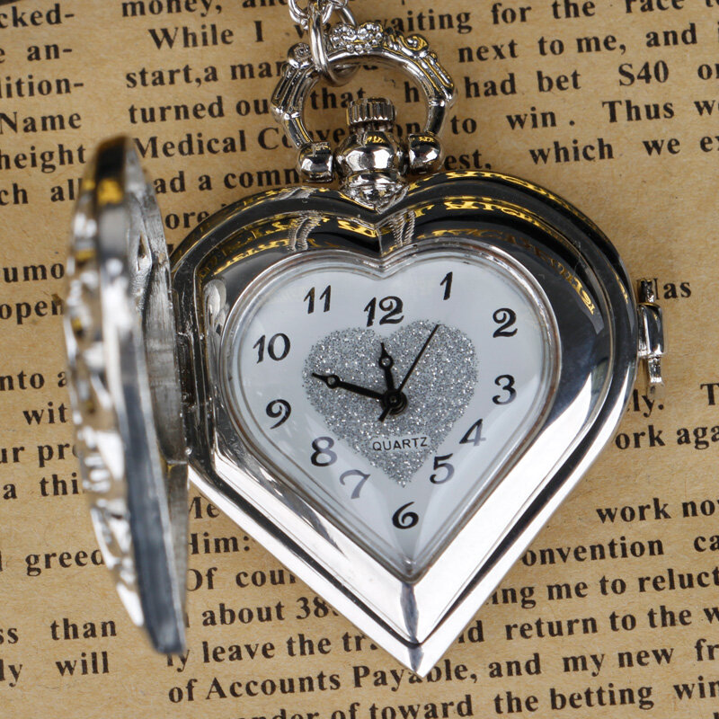 على شكل قلب الجوف منحوتة كوارتز ساعة الجيب الأرقام العربية مع سلسلة قلادة ساعة الرجال النساء طالب هدايا مجوهرات شعبية