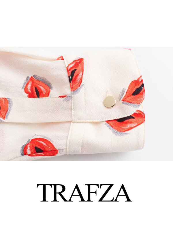 TRAFZA-بلوزات بياقة مطوية لأسفل للنساء ، طباعة صلبة ، أكمام طويلة ، صدر مفرد ، قمصان نسائية فضفاضة غير رسمية ، عصرية ، الصيف ،