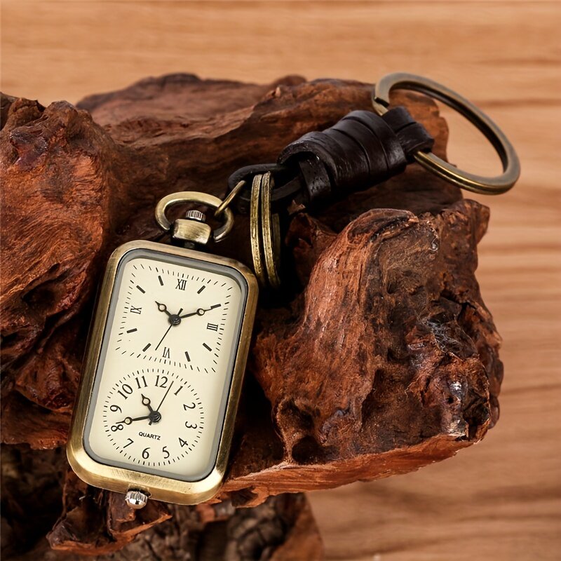 ساعة جيب كلاسيكية من الكوارتز البرونزي ، مربعة ، توقيت مزدوج ، سلسلة مفاتيح أساسية ، اختيار مثالي للهدايا