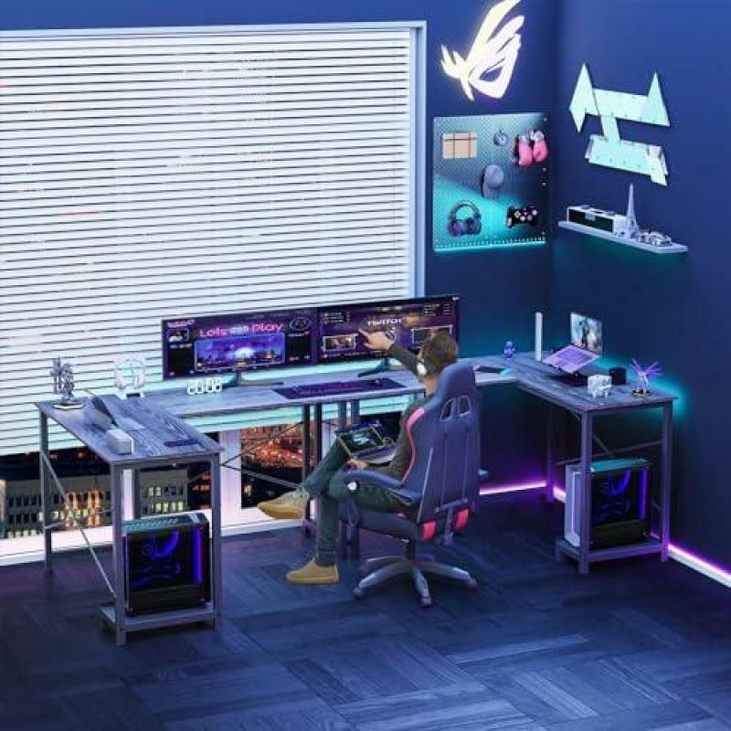 مكتب كمبيوتر على شكل حرف L ، زاوية طاولة الألعاب ، كتابة الكمبيوتر ، مكاتب دراسة سوداء ، سطح مكتب خشبي ، جانب وحدة المعالجة المركزية ، 50 بوصة