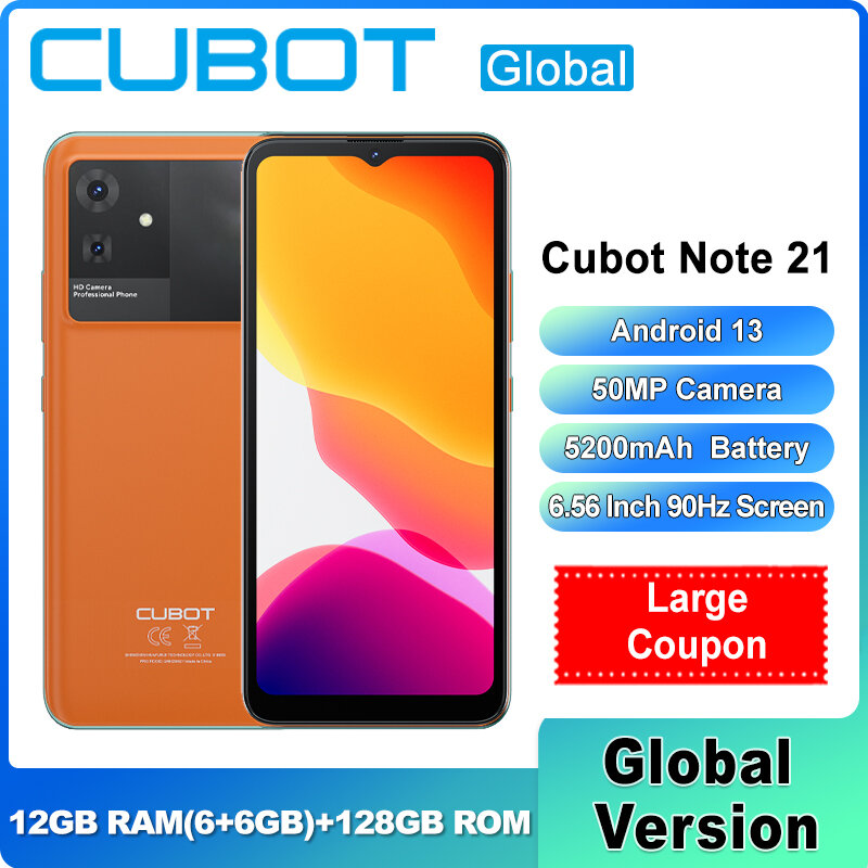 هاتف Cubot-Note 21 الذكي ، هاتف خلوي ، ثماني النواة ، نظام تحديد المواقع ، أندرويد 13 ، بطارية 5200mAh ، ذاكرة وصول عشوائي 6G ، ذاكرة روم 128G ، كاميرا 5.50MP ، شاشة HD 6.56 بوصة