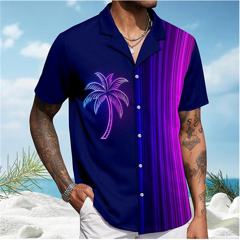 قميص مطبوع ثلاثي الأبعاد لشجرة النخيل للرجال ، طية صدر السترة للشاطئ ، أكمام قصيرة ، ألوان أرجوانية ، حجم كبير 5XL ، هاواي ، الصيف