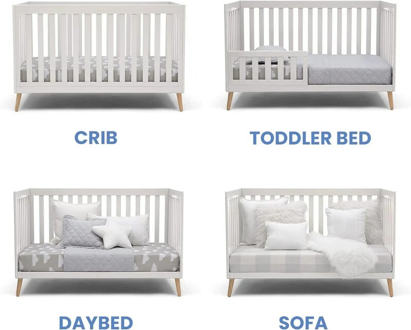 سرير أطفال فاخر 4 في 1 سويسرية ، قابل للتحويل ، أبيض ، مع أرجل طبيعية ، لطفل صغير ، درابزين ،