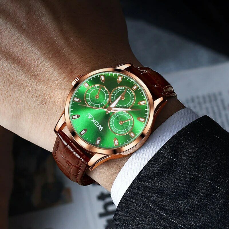 WOKAI جودة عالية عادية موضة كلاسيكي الأخضر الرجال حزام جلد ساعة كوارتز رجال الأعمال ساعة رياضية بسيطة الرجعية
