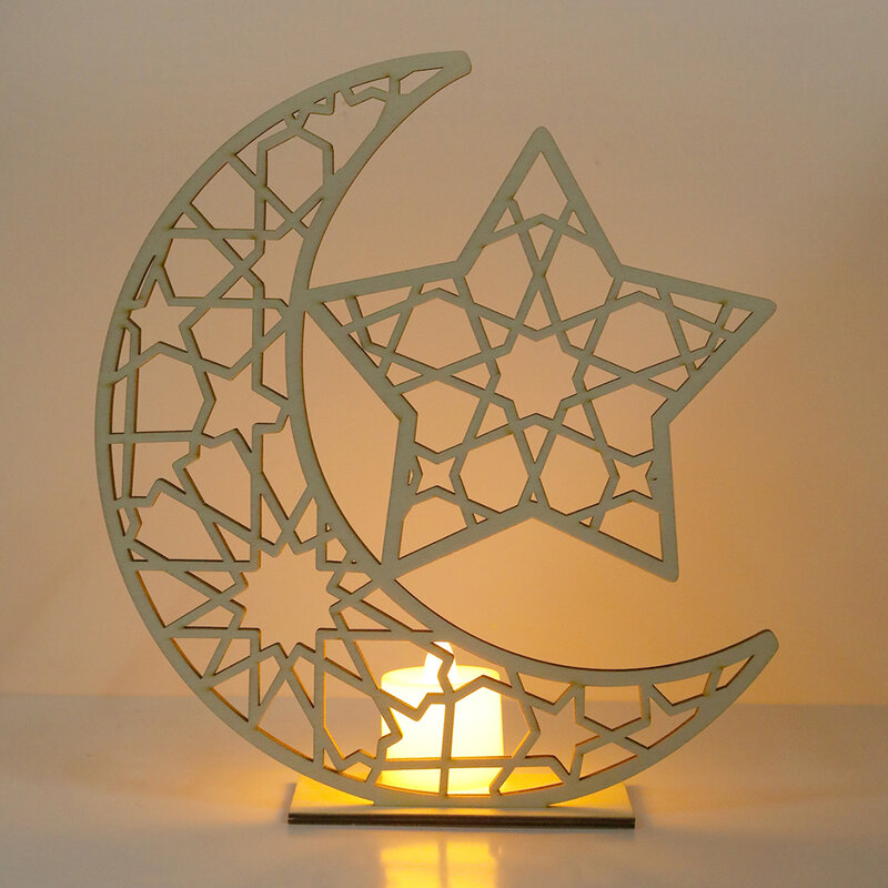 2022 عيد مبارك القمر مصابيح خشبية نجمة القمر LED أضواء المسلمين الإسلامية لوازم الحفلات رمضان الجدول زينة للمنزل
