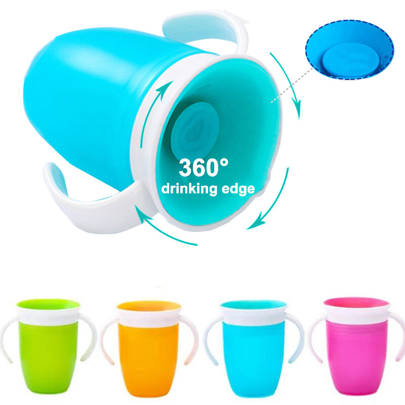 360 درجة يمكن استدارة الطفل تعلم شرب كوب مع مقبض مزدوج غطاء الوجه مانعة للتسرب سيليكون الرضع أكواب المياه زجاجة