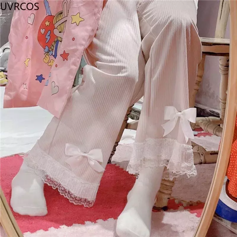 سراويل لوليتا اليابانية سروال قصير عالي الخصر للنساء ، دانتيل بعقدة حلوة ، ساق واسعة ، ملابس غير رسمية ، فضفاضة ، بنطلون لطيف ، كاواي ، Y2K ، جديد