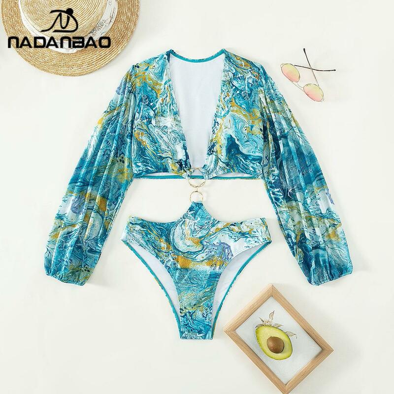 Nadanbao-قطعة واحدة ملابس السباحة مع طباعة الأزهار للنساء ، مثير ، الموضة ، طويلة الأكمام ، الطرف ، ركوب الأمواج ، بحر