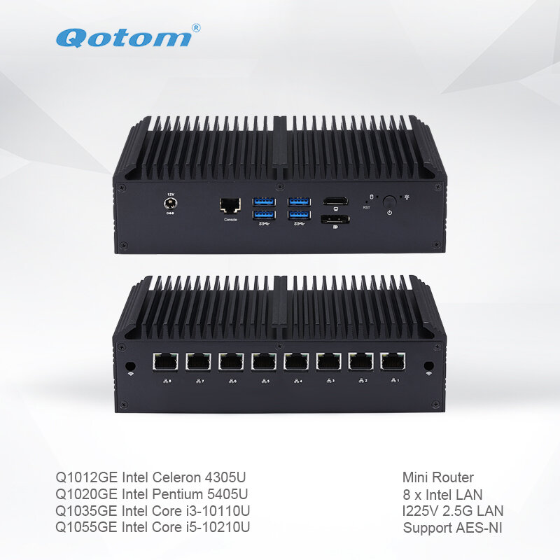 Qotom كمبيوتر صغير Q1000GE سيليرون كور i3 i5 مع 8 I225V 2.5G LAN AES-NI بدون مروحة جهاز التوجيه